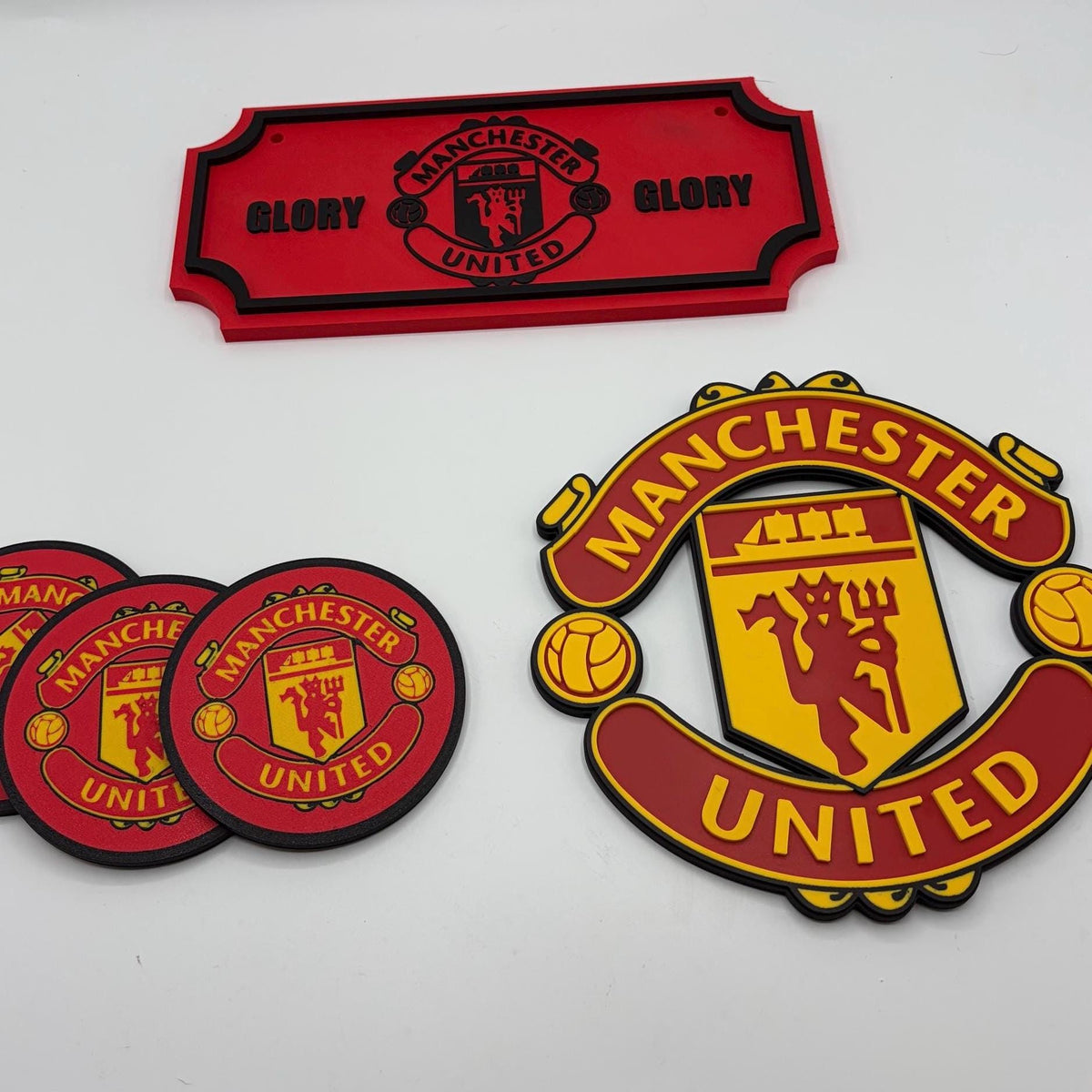 3D Printed Manchester United Crest, Coasters, Glory Sign | PLA Football Fan Decor